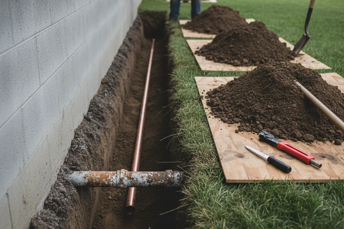 Excavated water line trench during Water Heater Repair in Saunemin